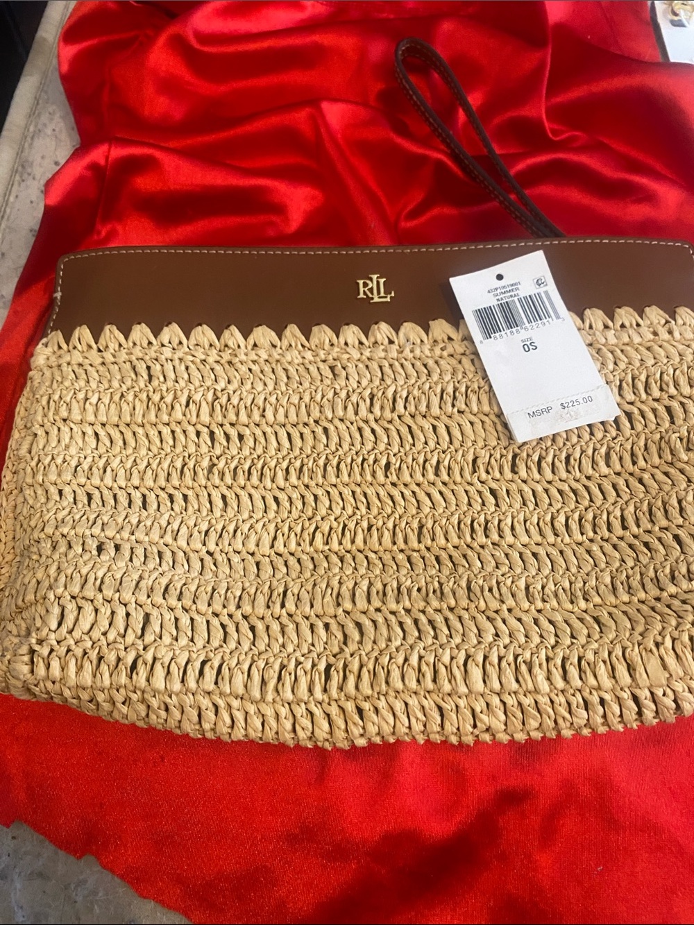 Straw and Brown Leather Wristlet Clutch - Beige